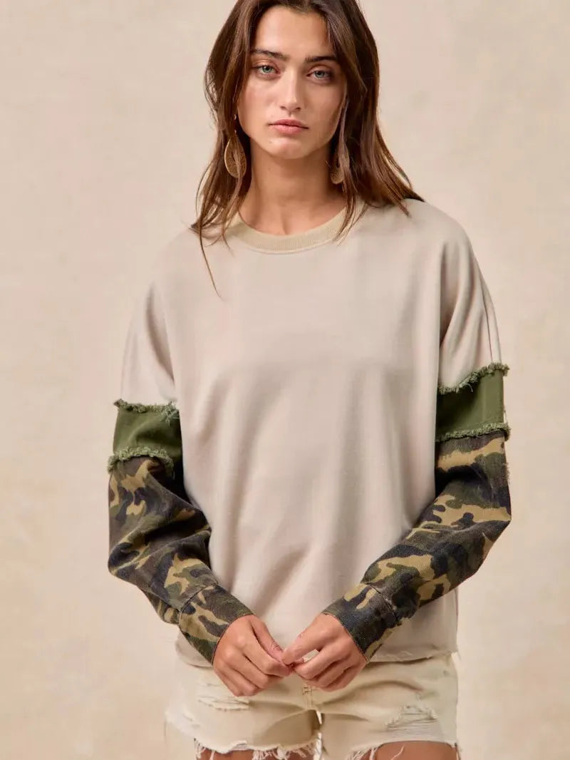 BiBi Camo Edge Camo Sleeve French Terry Frayed Edge Top-Women's Shirts & Tops-Shop Z & Joxa