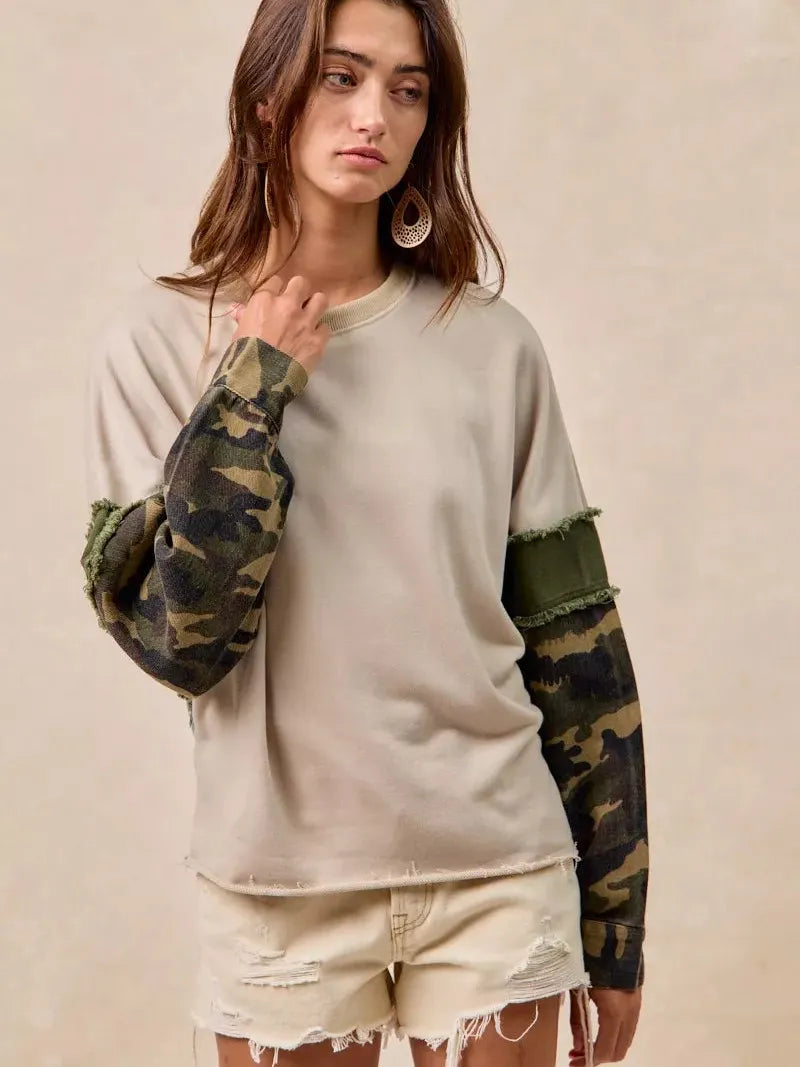 BiBi Camo Edge Camo Sleeve French Terry Frayed Edge Top-Women's Shirts & Tops-Shop Z & Joxa