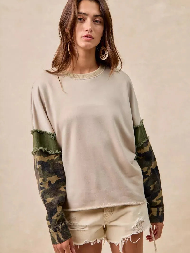 BiBi Camo Edge Camo Sleeve French Terry Frayed Edge Top-Women's Shirts & Tops-Shop Z & Joxa
