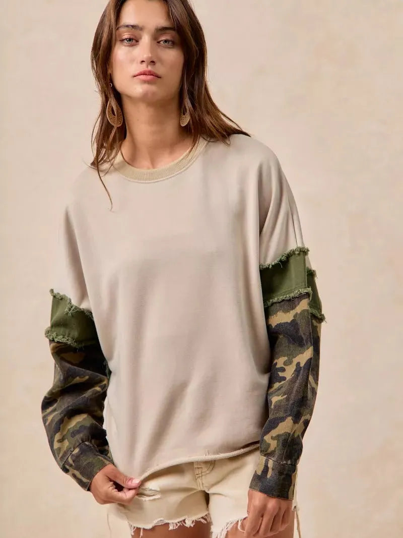 BiBi Camo Edge Camo Sleeve French Terry Frayed Edge Top-Women's Shirts & Tops-Shop Z & Joxa