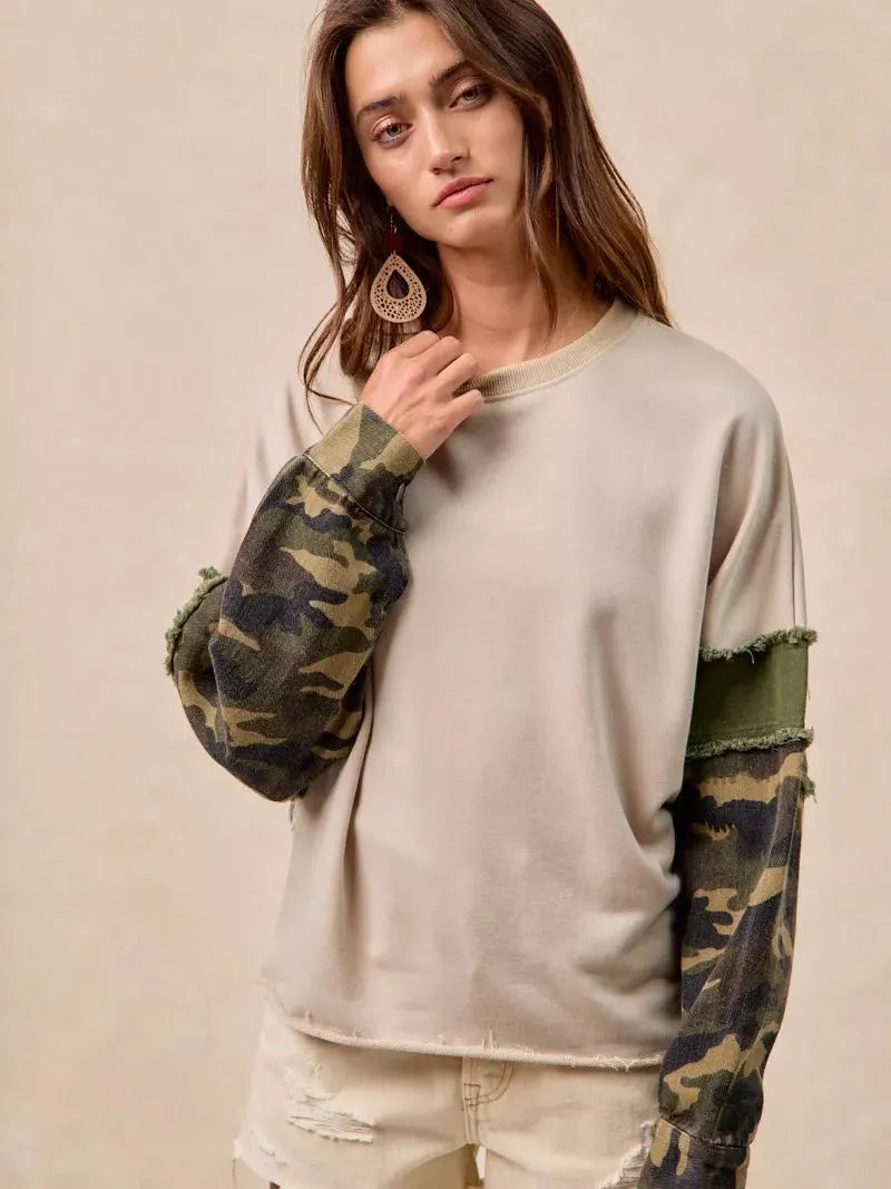 BiBi Camo Edge Camo Sleeve French Terry Frayed Edge Top-Women's Shirts & Tops-Shop Z & Joxa
