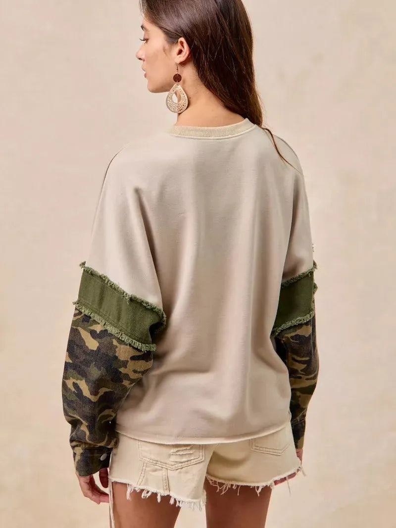 BiBi Camo Edge Camo Sleeve French Terry Frayed Edge Top-Women's Shirts & Tops-Shop Z & Joxa