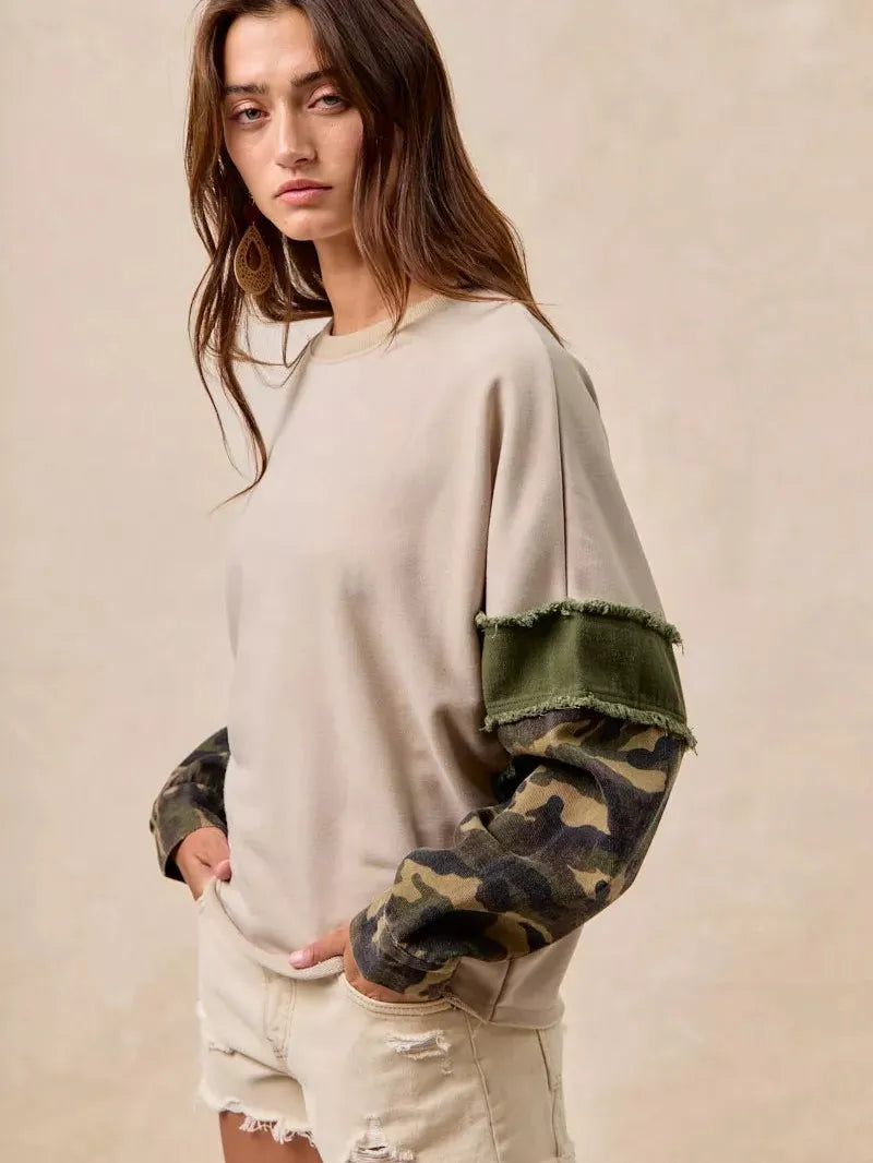 BiBi Camo Edge Camo Sleeve French Terry Frayed Edge Top-Women's Shirts & Tops-Shop Z & Joxa