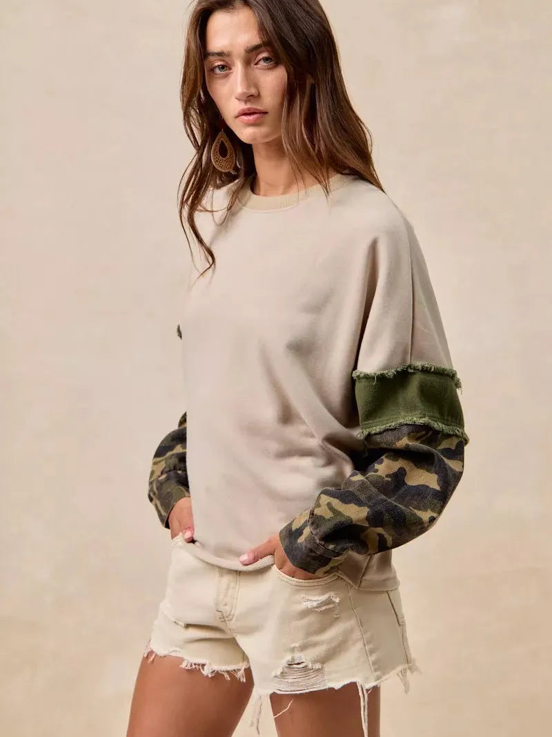 BiBi Camo Edge Camo Sleeve French Terry Frayed Edge Top-Women's Shirts & Tops-Shop Z & Joxa