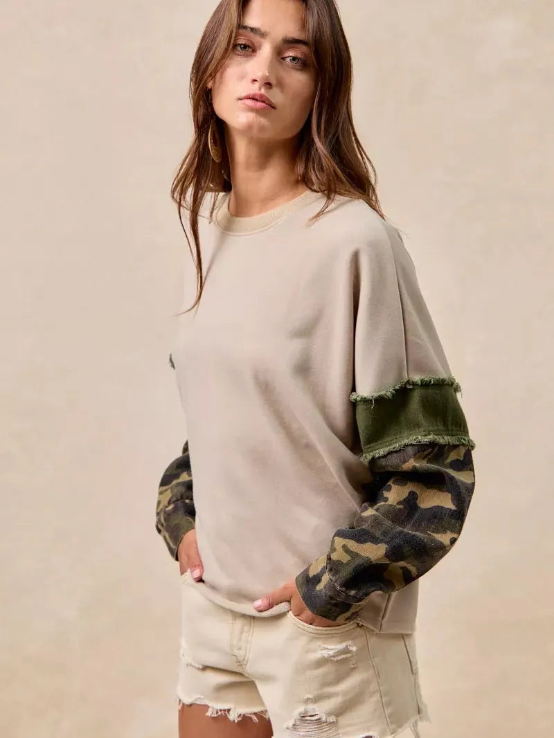 BiBi Camo Edge Camo Sleeve French Terry Frayed Edge Top-Women's Shirts & Tops-Shop Z & Joxa