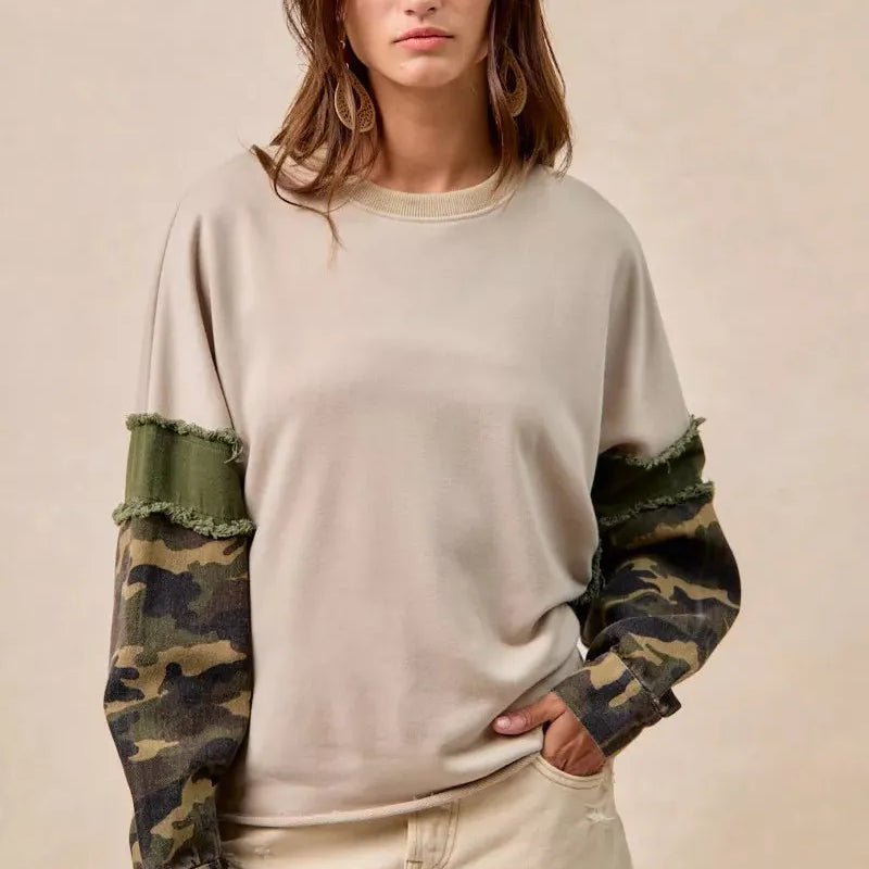 BiBi Camo Edge Camo Sleeve French Terry Frayed Edge Top-Women's Shirts & Tops-Shop Z & Joxa