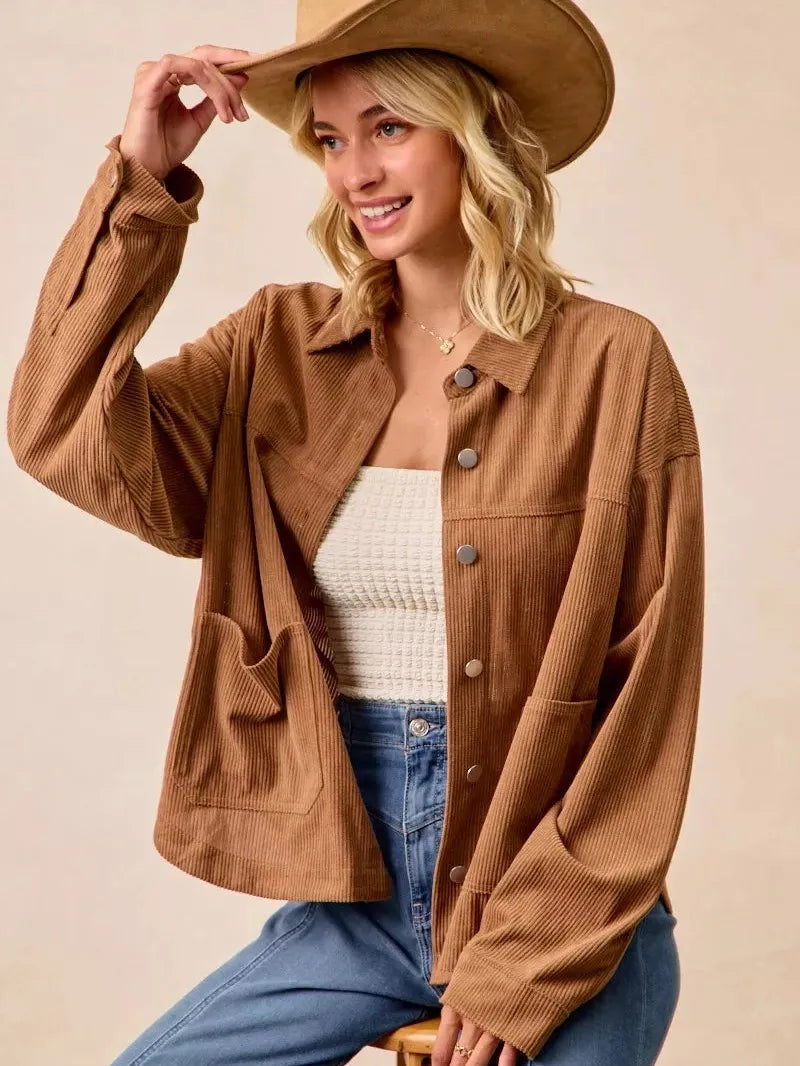 BiBi Caramel Crush Corduroy Shacket with Back Pleat-Coats & Jackets-Shop Z & Joxa