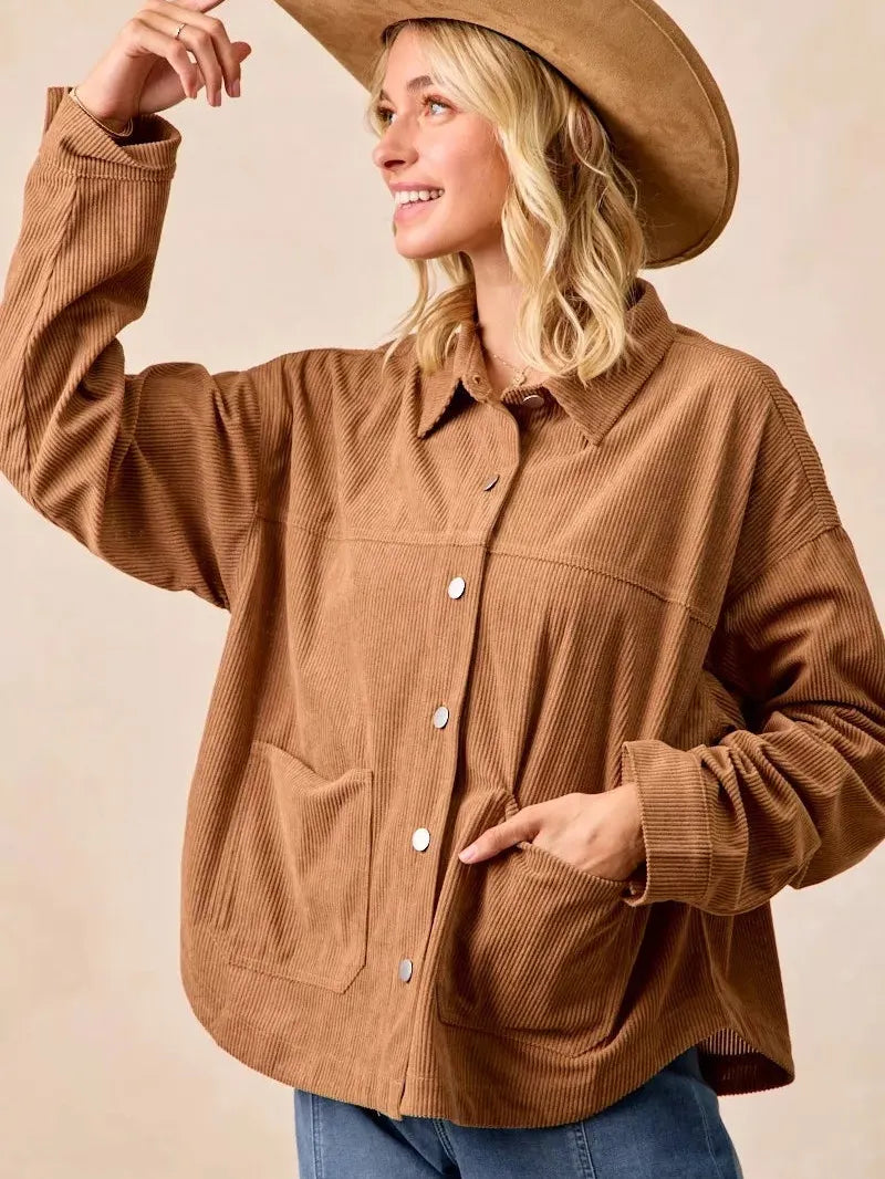 BiBi Caramel Crush Corduroy Shacket with Back Pleat-Coats & Jackets-Shop Z & Joxa