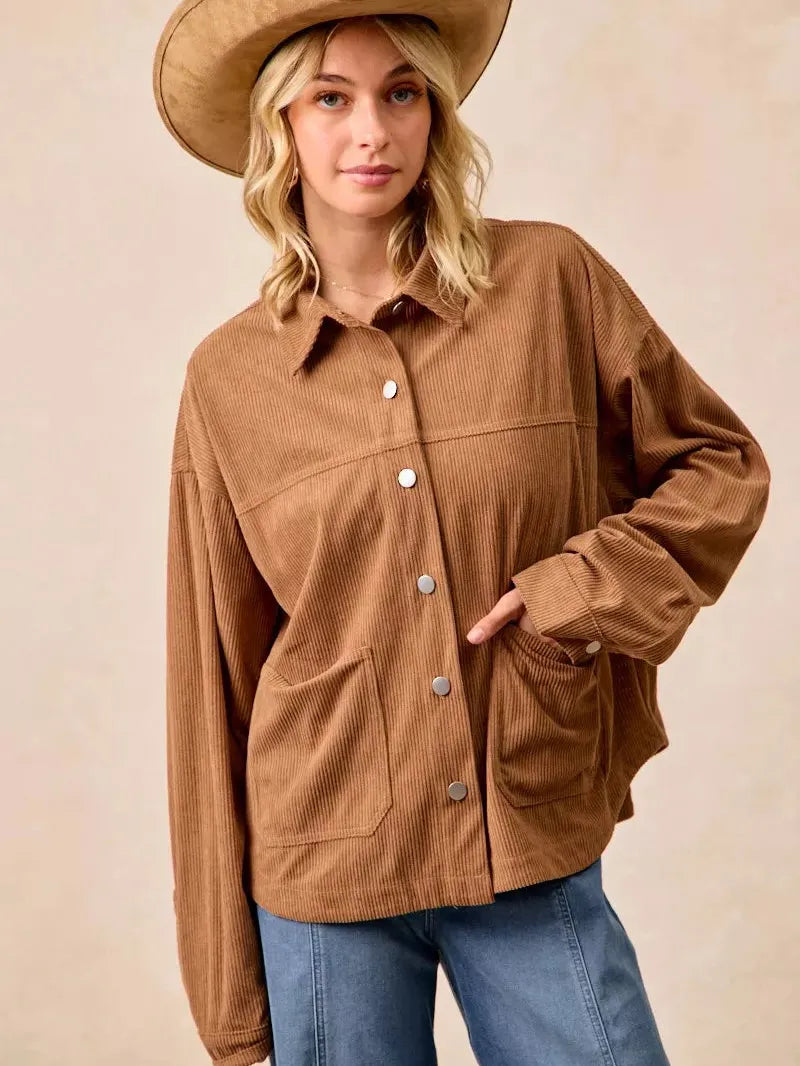 BiBi Caramel Crush Corduroy Shacket with Back Pleat-Coats & Jackets-Shop Z & Joxa