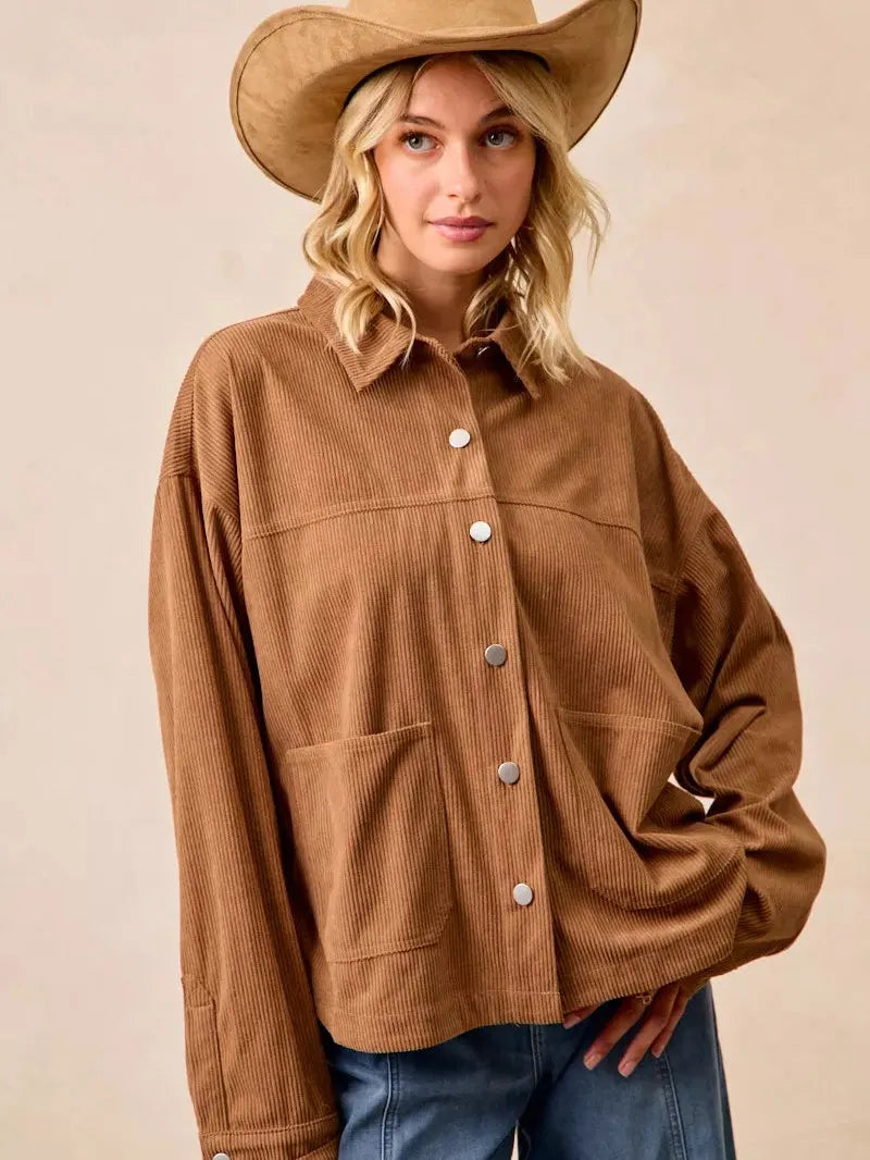 BiBi Caramel Crush Corduroy Shacket with Back Pleat-Coats & Jackets-Shop Z & Joxa