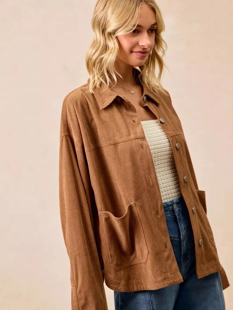 BiBi Caramel Crush Corduroy Shacket with Back Pleat-Coats & Jackets-Shop Z & Joxa