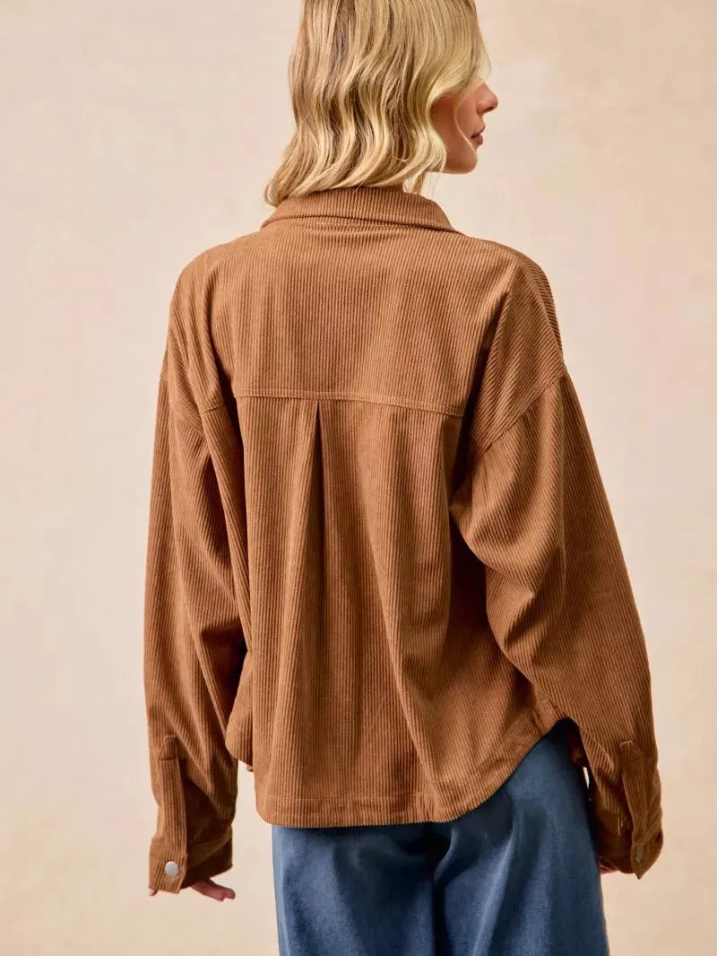 BiBi Caramel Crush Corduroy Shacket with Back Pleat-Coats & Jackets-Shop Z & Joxa