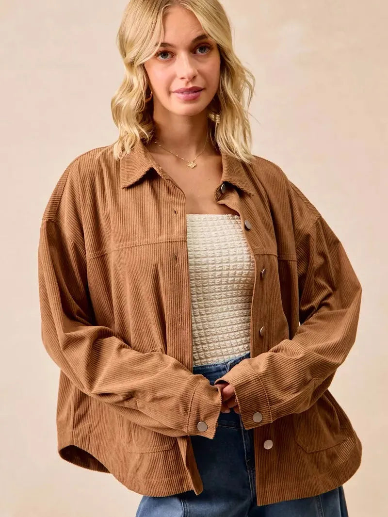 BiBi Caramel Crush Corduroy Shacket with Back Pleat-Coats & Jackets-Shop Z & Joxa
