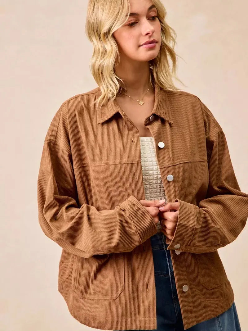 BiBi Caramel Crush Corduroy Shacket with Back Pleat-Coats & Jackets-Shop Z & Joxa