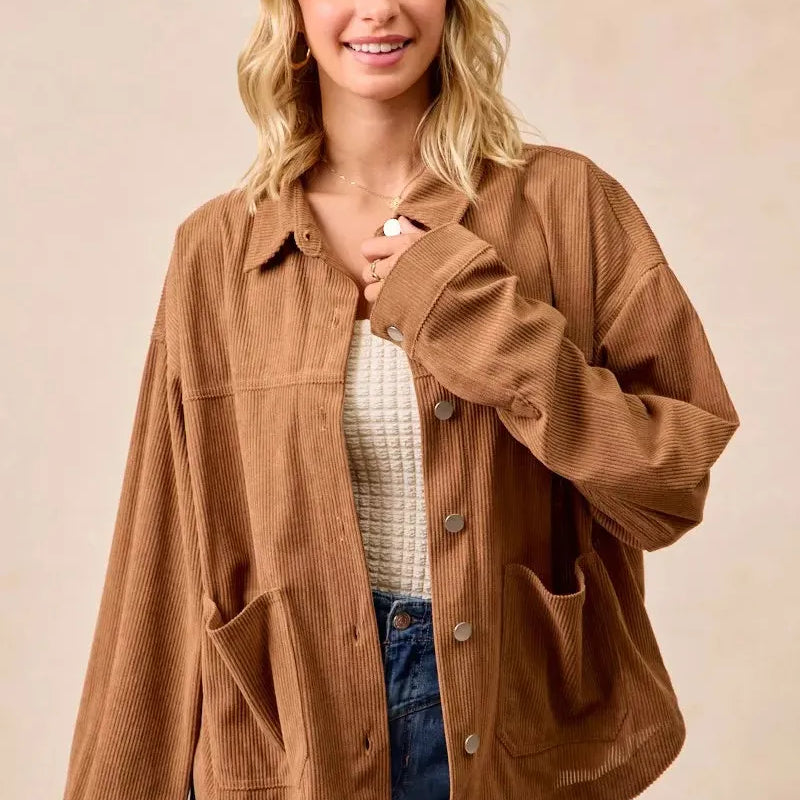 BiBi Caramel Crush Corduroy Shacket with Back Pleat-Coats & Jackets-Shop Z & Joxa