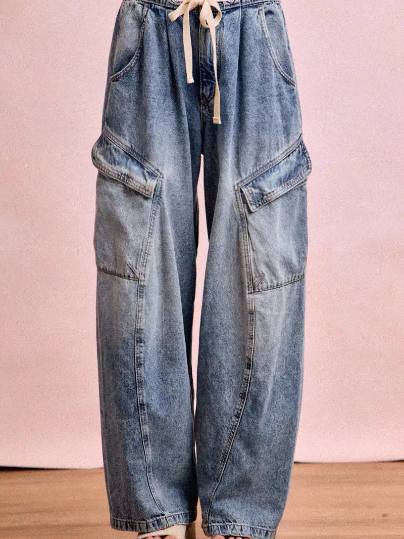 BiBi Cargo Cutie Baggy Barrel Jeans With Cargo Pockets-Women's Pants-Shop Z & Joxa