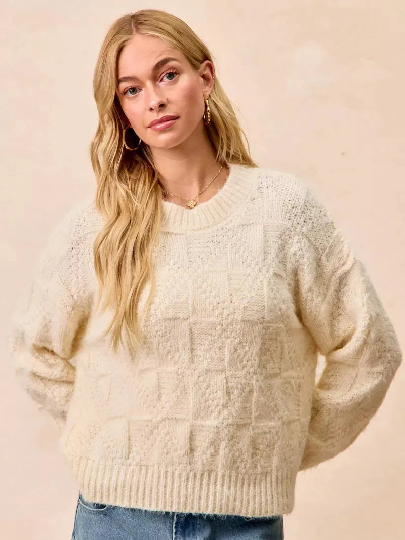 BiBi Checkmate Cozy Ivory Check Pattern Long Sleeve Sweater-Women's Shirts & Tops-Shop Z & Joxa