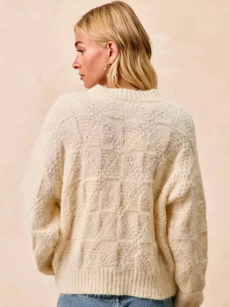 BiBi Checkmate Cozy Ivory Check Pattern Long Sleeve Sweater-Women's Shirts & Tops-Shop Z & Joxa