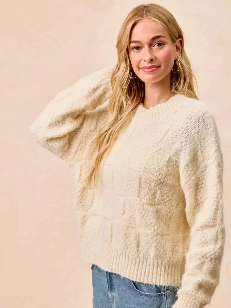 BiBi Checkmate Cozy Ivory Check Pattern Long Sleeve Sweater-Women's Shirts & Tops-Shop Z & Joxa