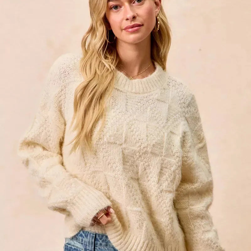 BiBi Checkmate Cozy Ivory Check Pattern Long Sleeve Sweater-Women's Shirts & Tops-Shop Z & Joxa