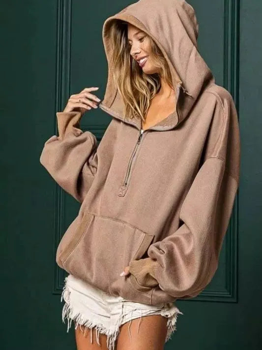 BiBi Cozy Contours Soft Fleece Half Zip Hoodie in Mocha-Women's Shirts & Tops-Shop Z & Joxa