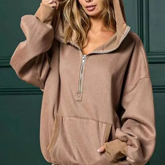 BiBi Cozy Contours Soft Fleece Half Zip Hoodie in Mocha-Women's Shirts & Tops-Shop Z & Joxa