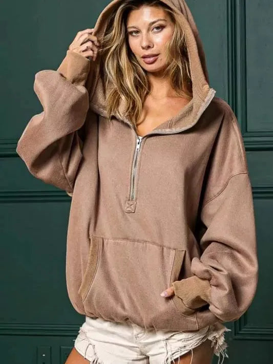 BiBi Cozy Contours Soft Fleece Half Zip Hoodie in Mocha-Women's Shirts & Tops-Shop Z & Joxa