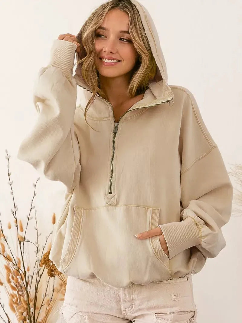 BiBi Cozy Contours Soft Fleece Half Zip Hoodie in Oatmeal-Women's Shirts & Tops-Shop Z & Joxa