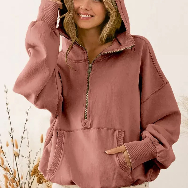 BiBi Cozy Contours Soft Fleece Half Zip Hoodie in Terracotta-Women's Shirts & Tops-Shop Z & Joxa