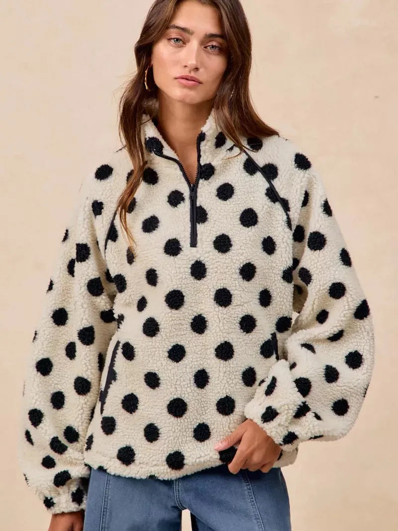 BiBi Cozy Polka Dot Half Zip Up Sherpa-Women's Shirts & Tops-Shop Z & Joxa
