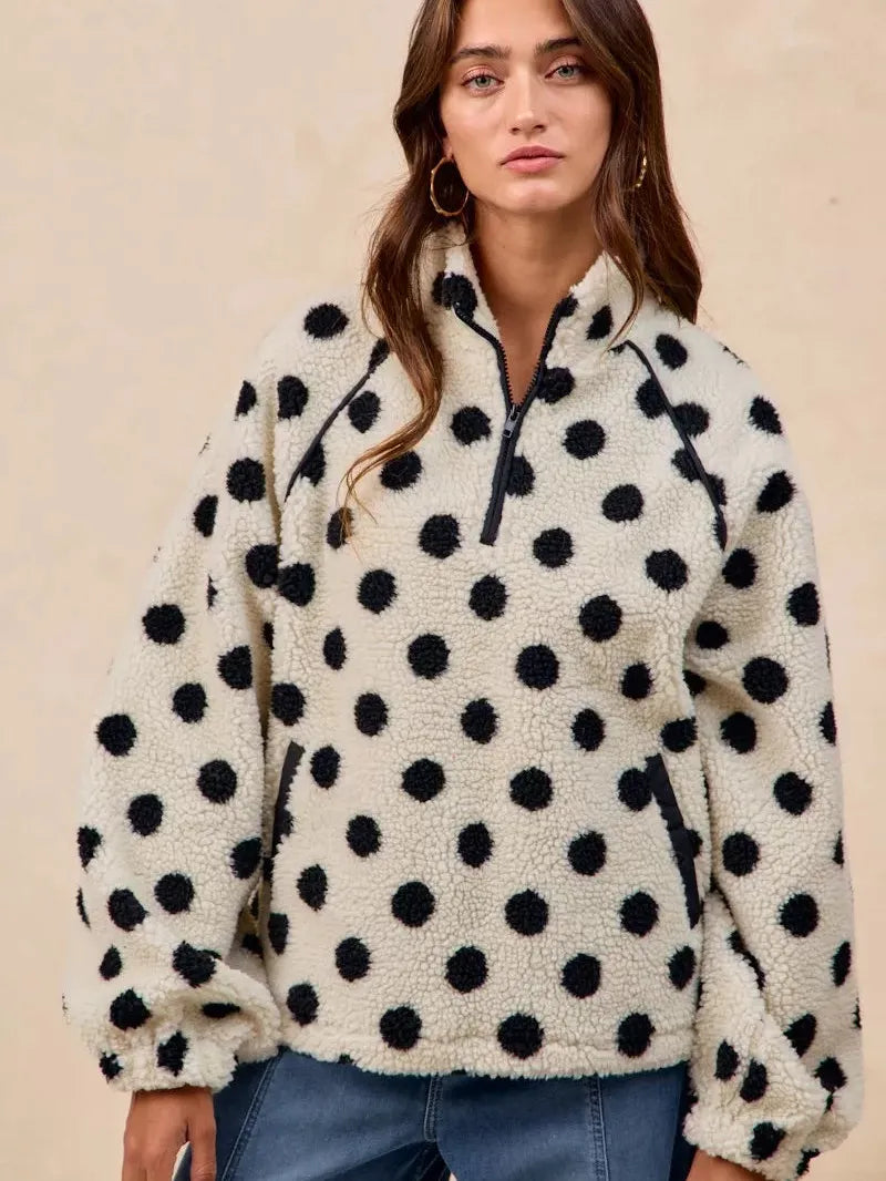 BiBi Cozy Polka Dot Half Zip Up Sherpa-Women's Shirts & Tops-Shop Z & Joxa