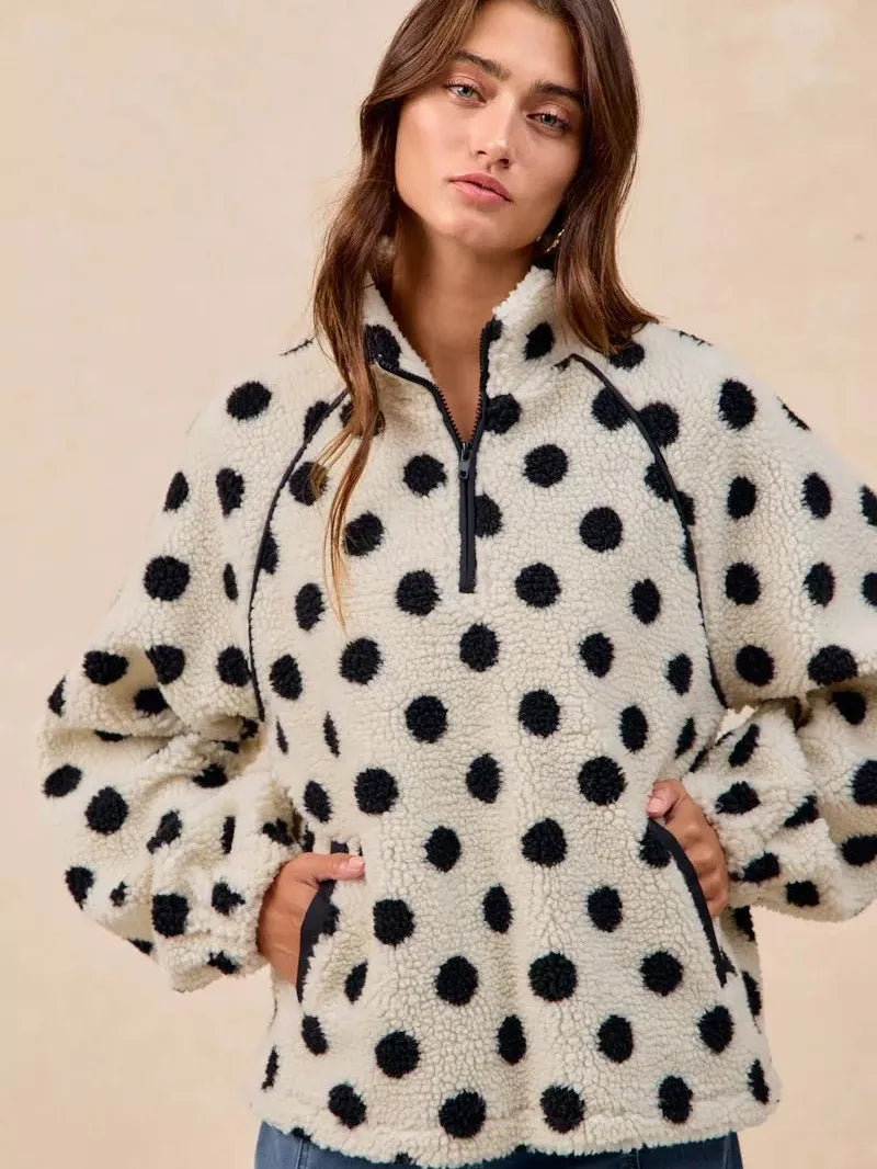 BiBi Cozy Polka Dot Half Zip Up Sherpa-Women's Shirts & Tops-Shop Z & Joxa
