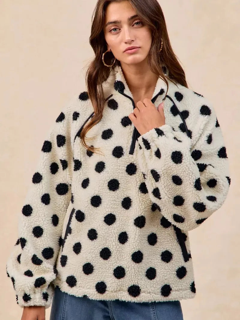 BiBi Cozy Polka Dot Half Zip Up Sherpa-Women's Shirts & Tops-Shop Z & Joxa