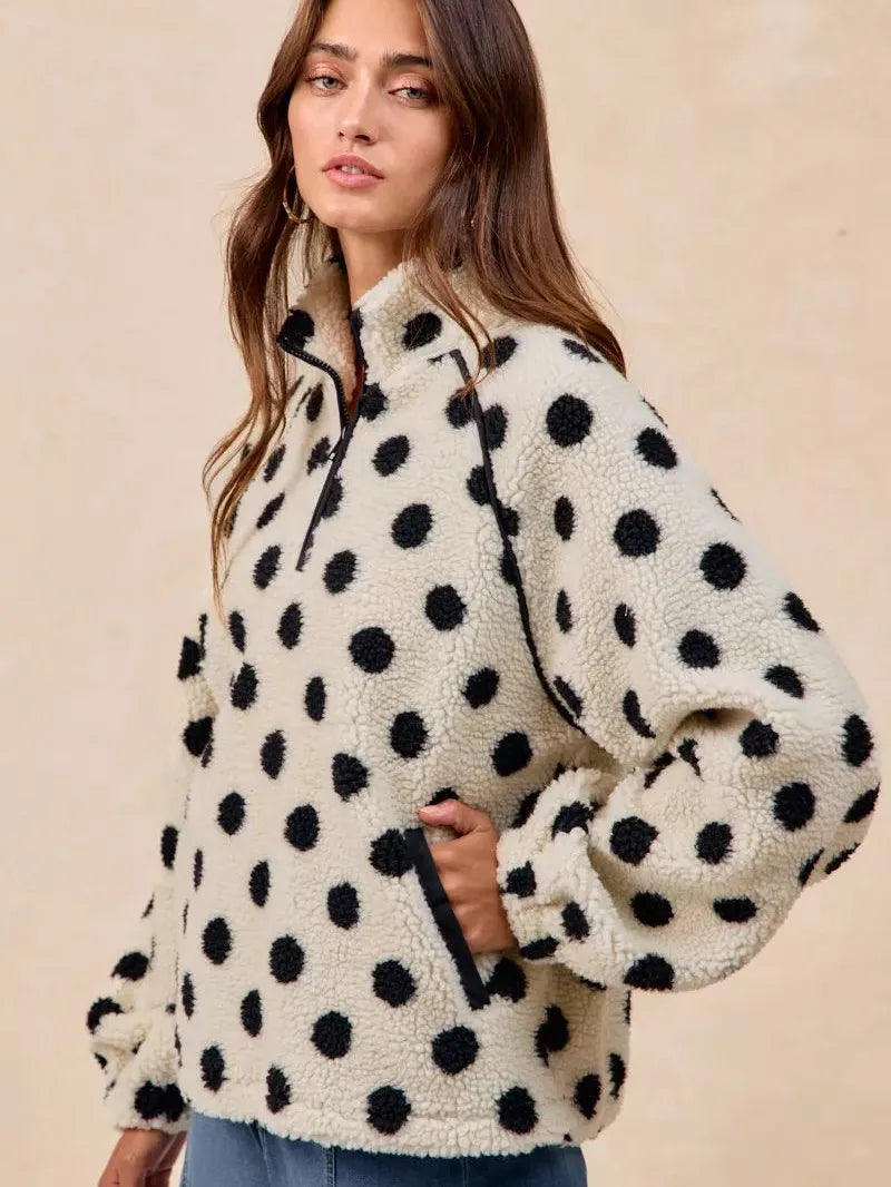 BiBi Cozy Polka Dot Half Zip Up Sherpa-Women's Shirts & Tops-Shop Z & Joxa