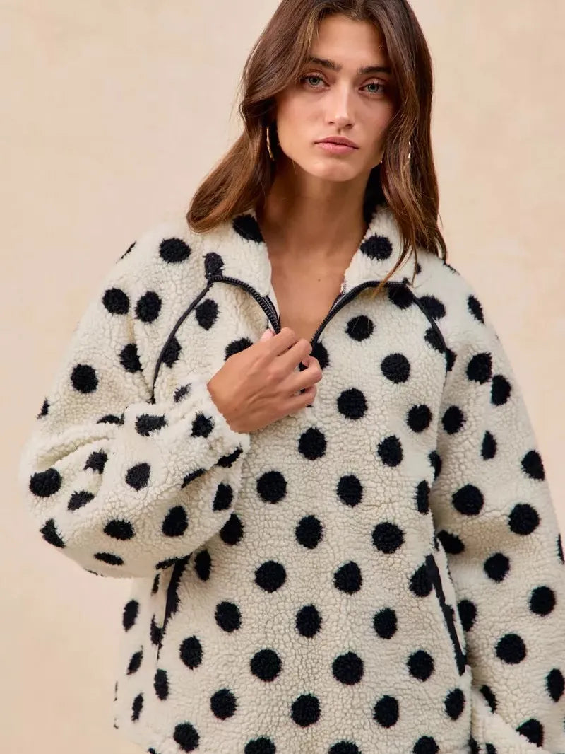 BiBi Cozy Polka Dot Half Zip Up Sherpa-Women's Shirts & Tops-Shop Z & Joxa