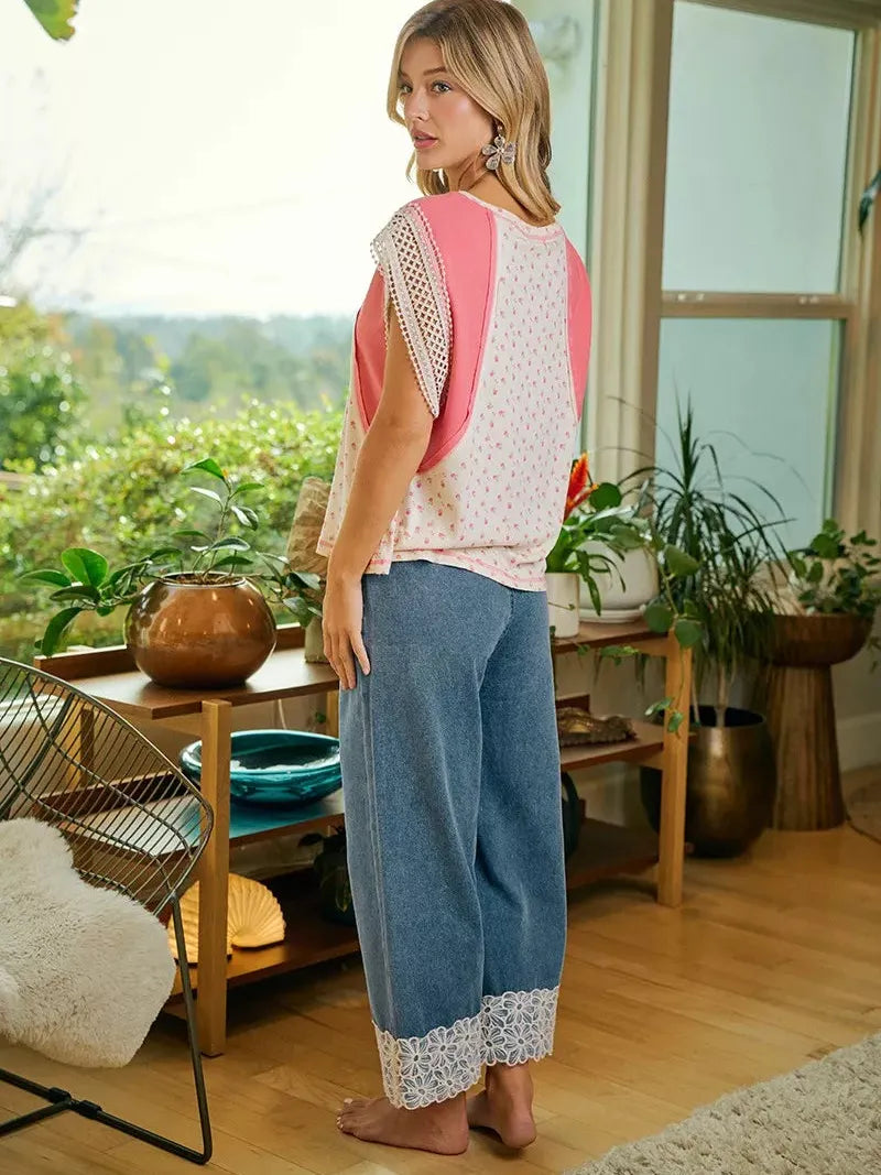 BiBi Denim and Lace Washed Denim Flower Lace Trim Pants-Women's Jeans-Shop Z & Joxa