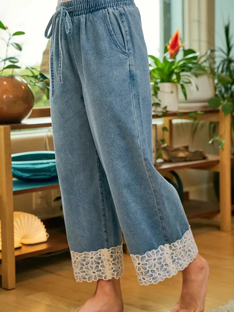 BiBi Denim and Lace Washed Denim Flower Lace Trim Pants-Women's Jeans-Shop Z & Joxa