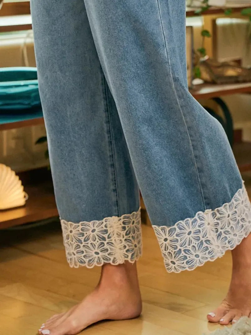 BiBi Denim and Lace Washed Denim Flower Lace Trim Pants-Women's Jeans-Shop Z & Joxa