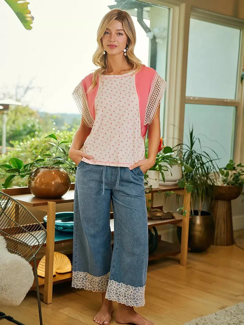 BiBi Denim and Lace Washed Denim Flower Lace Trim Pants-Women's Jeans-Shop Z & Joxa