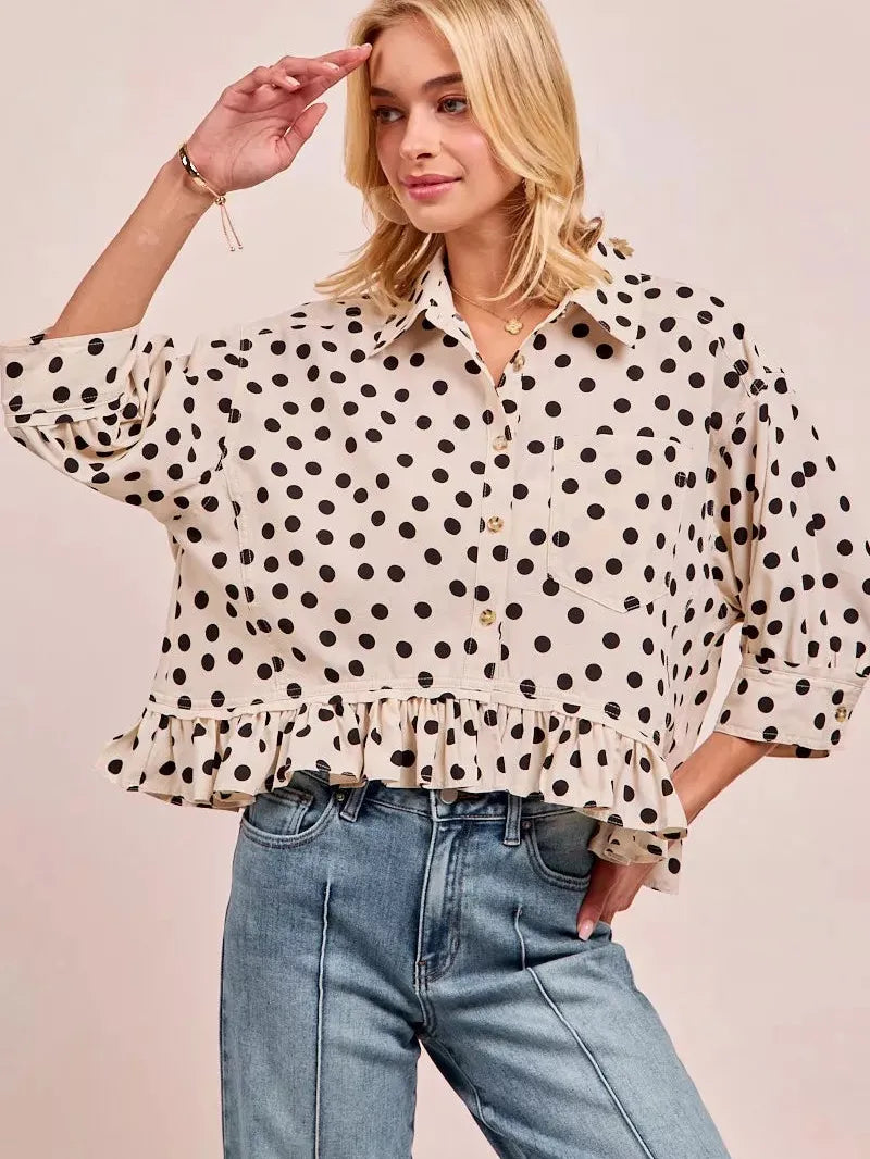 BiBi Dot Darling Polka Dot Ruffle Hem Peplum Top-Women's Shirts & Tops-Shop Z & Joxa