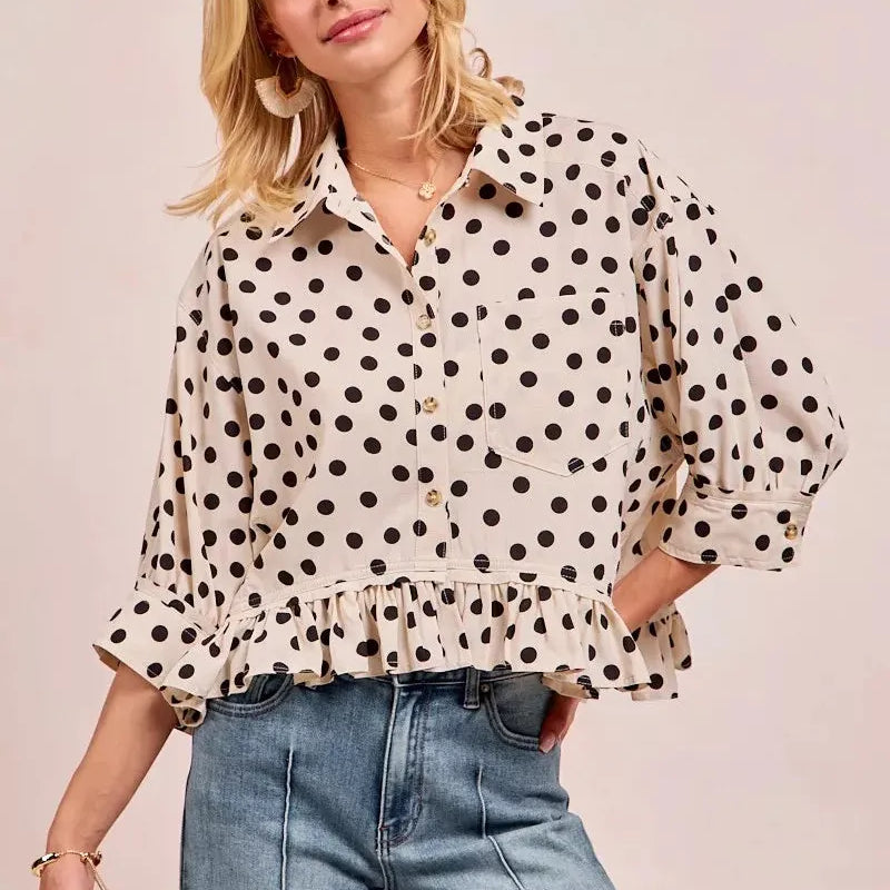 BiBi Dot Darling Polka Dot Ruffle Hem Peplum Top-Women's Shirts & Tops-Shop Z & Joxa