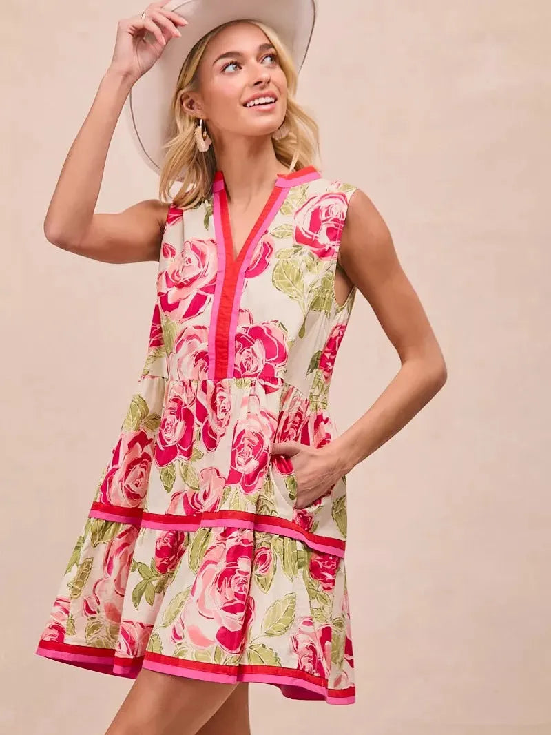 BiBi Flirty Florals Contrast Edge Tiered Ruffle Mini Dress-Women's Dresses-Shop Z & Joxa