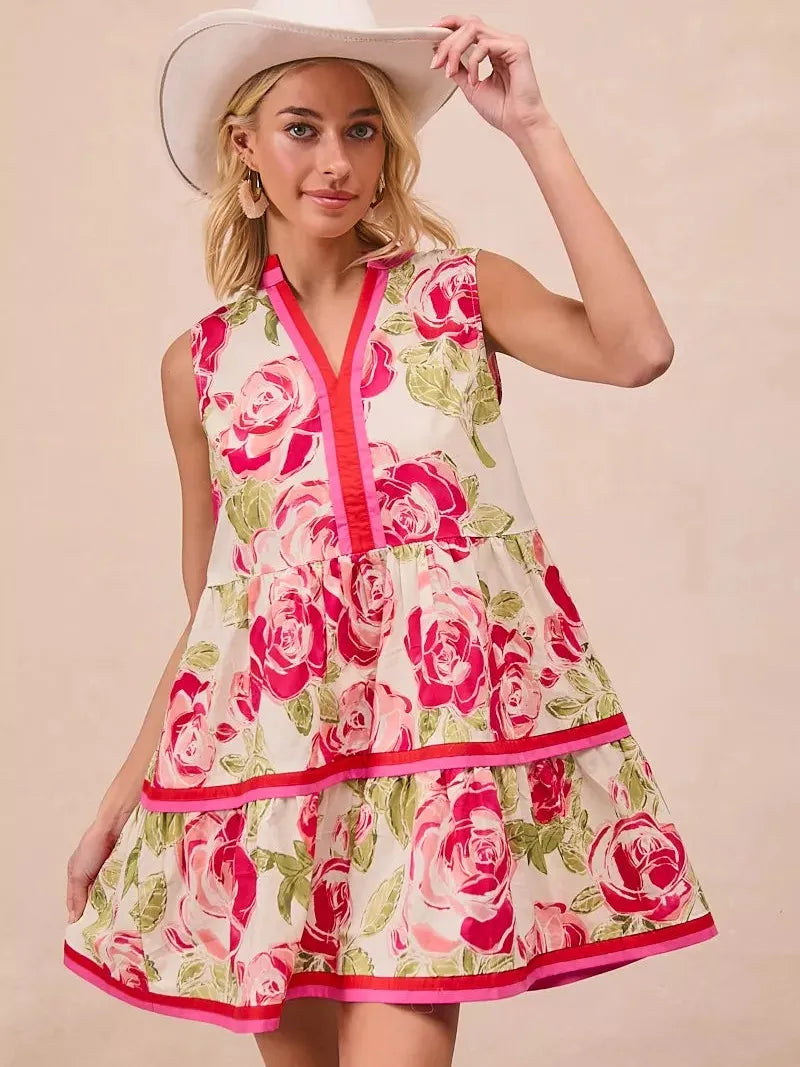 BiBi Flirty Florals Contrast Edge Tiered Ruffle Mini Dress-Women's Dresses-Shop Z & Joxa