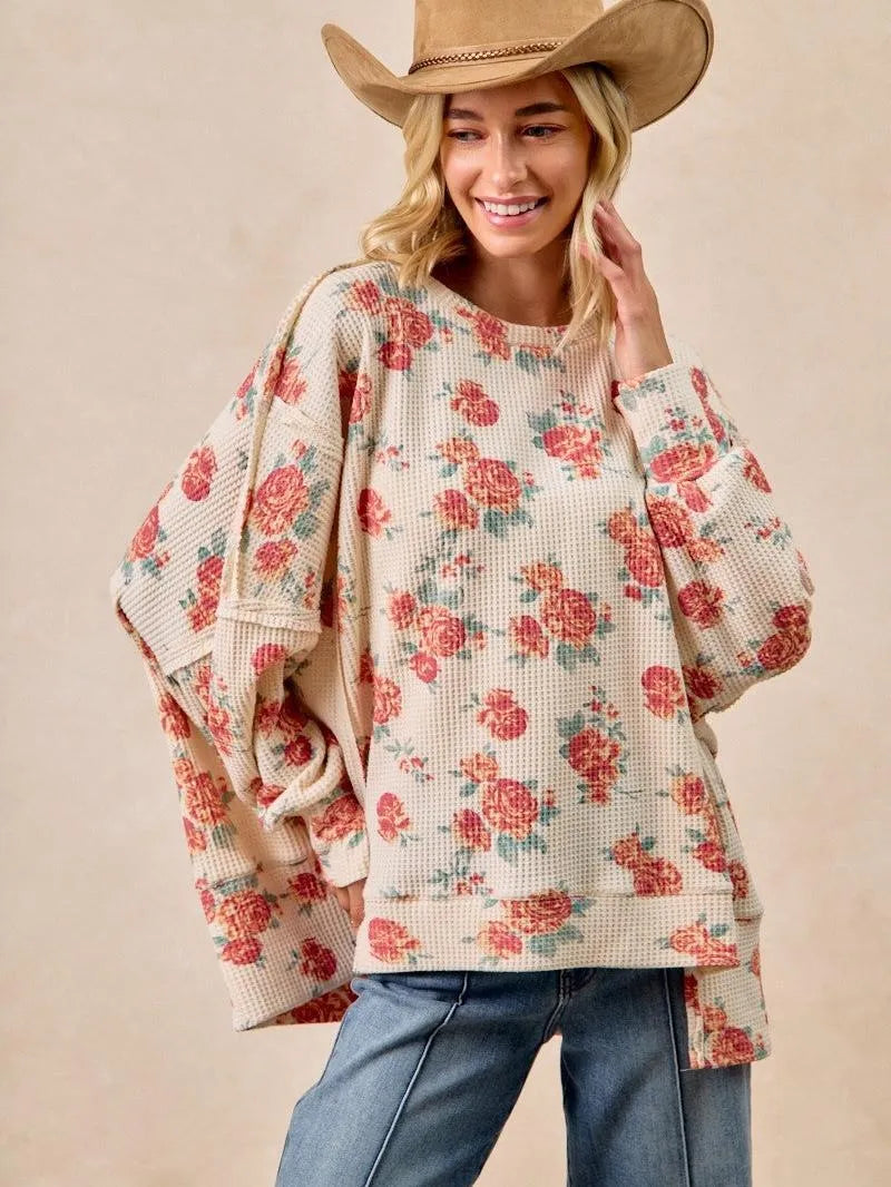 BiBi Floral Comfort Oversized Waffle Thermal Sweatshirt-Women's Shirts & Tops-Shop Z & Joxa