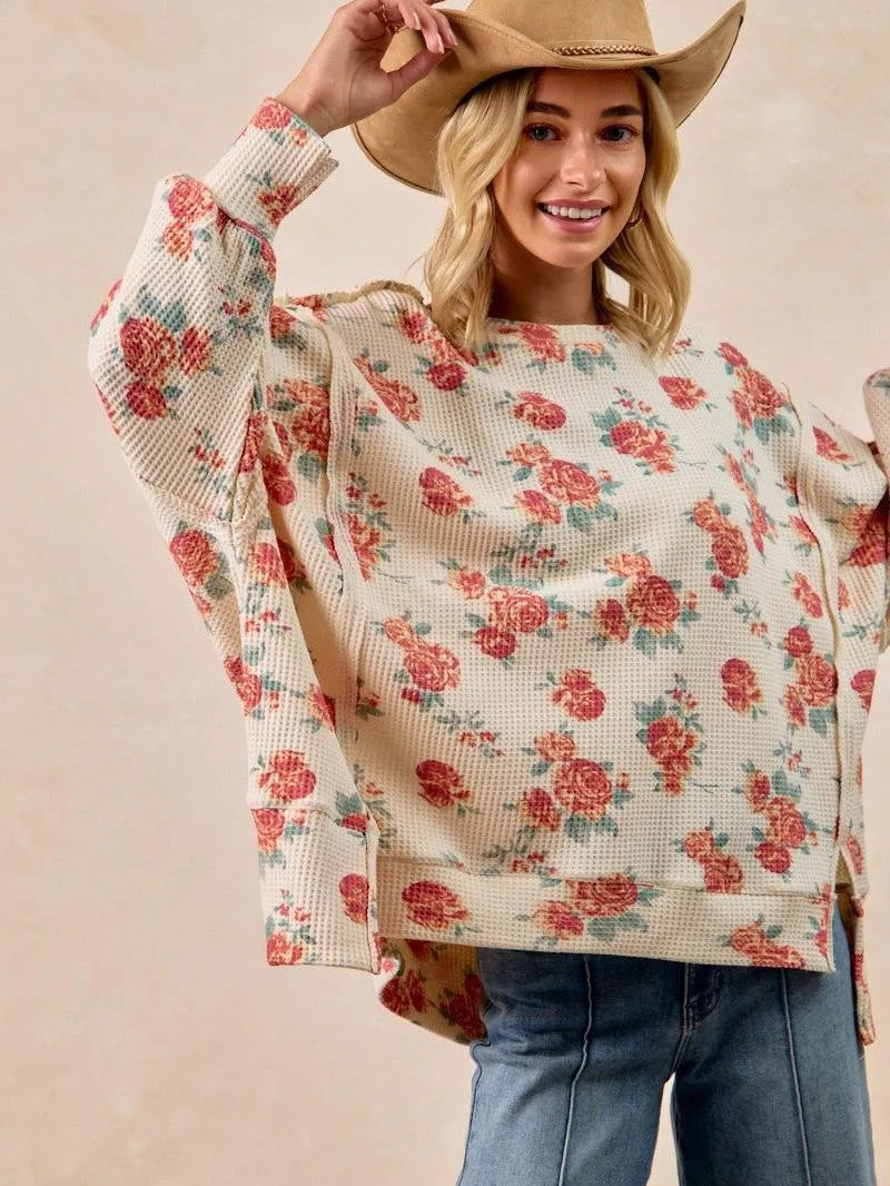 BiBi Floral Comfort Oversized Waffle Thermal Sweatshirt-Women's Shirts & Tops-Shop Z & Joxa
