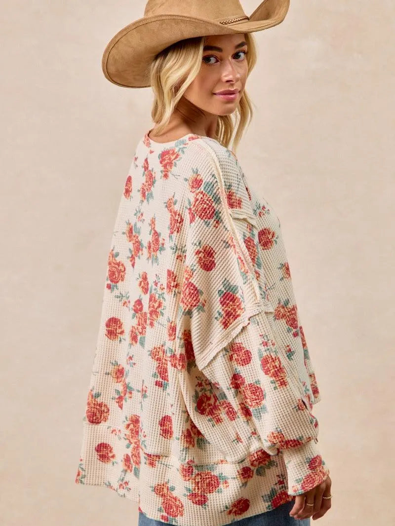 BiBi Floral Comfort Oversized Waffle Thermal Sweatshirt-Women's Shirts & Tops-Shop Z & Joxa