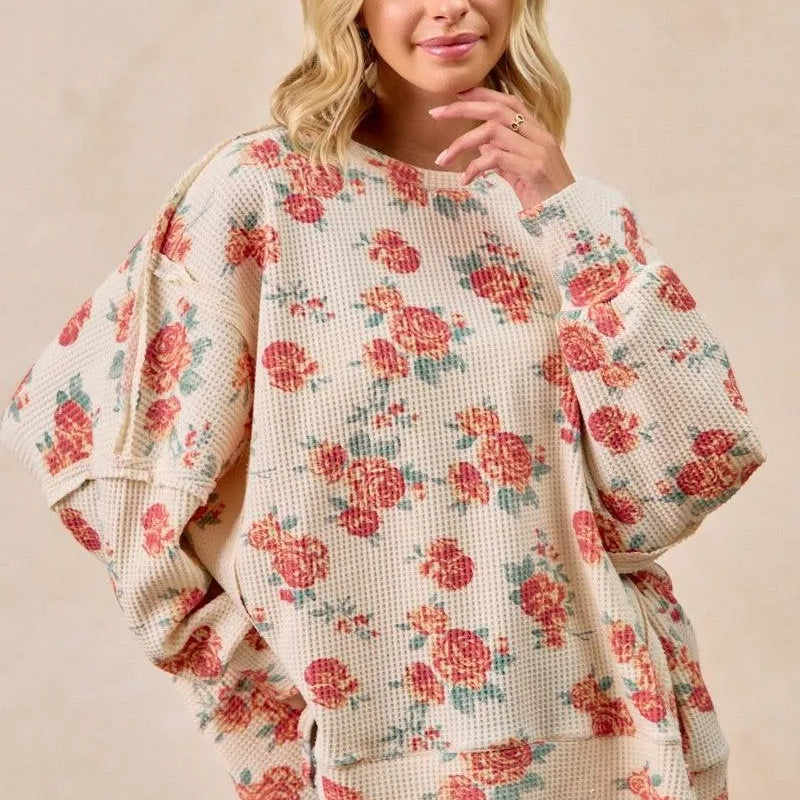 BiBi Floral Comfort Oversized Waffle Thermal Sweatshirt-Women's Shirts & Tops-Shop Z & Joxa
