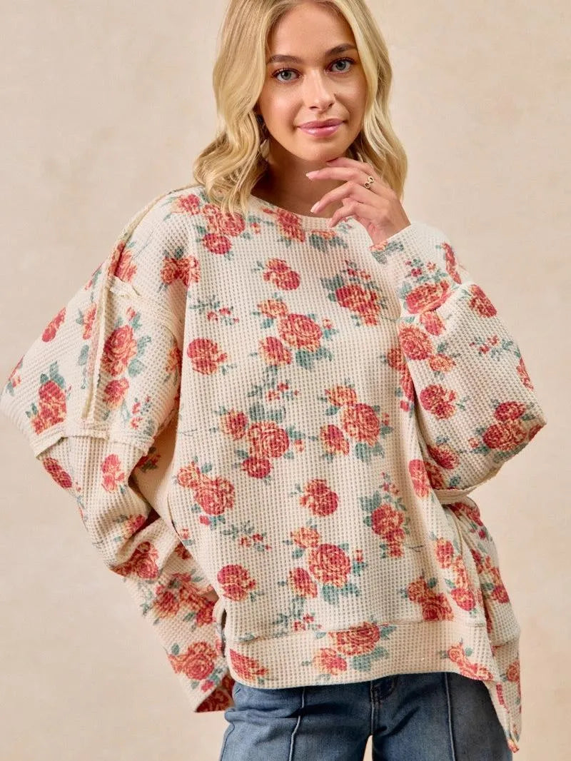 BiBi Floral Comfort Oversized Waffle Thermal Sweatshirt-Women's Shirts & Tops-Shop Z & Joxa
