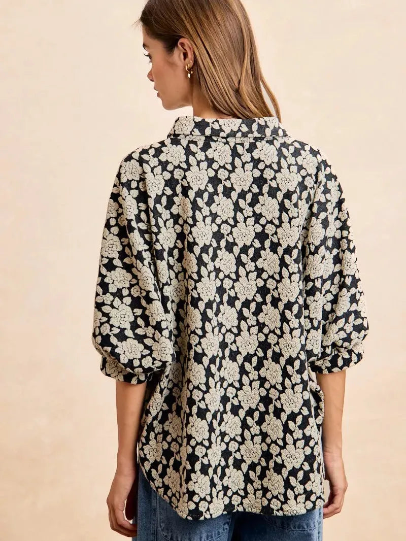 BiBi Floral Jacquard Short Dolman Sleeves Shirt-Women's Shirts & Tops-Shop Z & Joxa