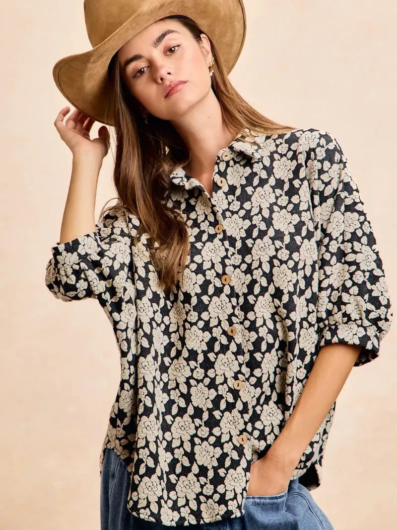 BiBi Floral Jacquard Short Dolman Sleeves Shirt-Women's Shirts & Tops-Shop Z & Joxa